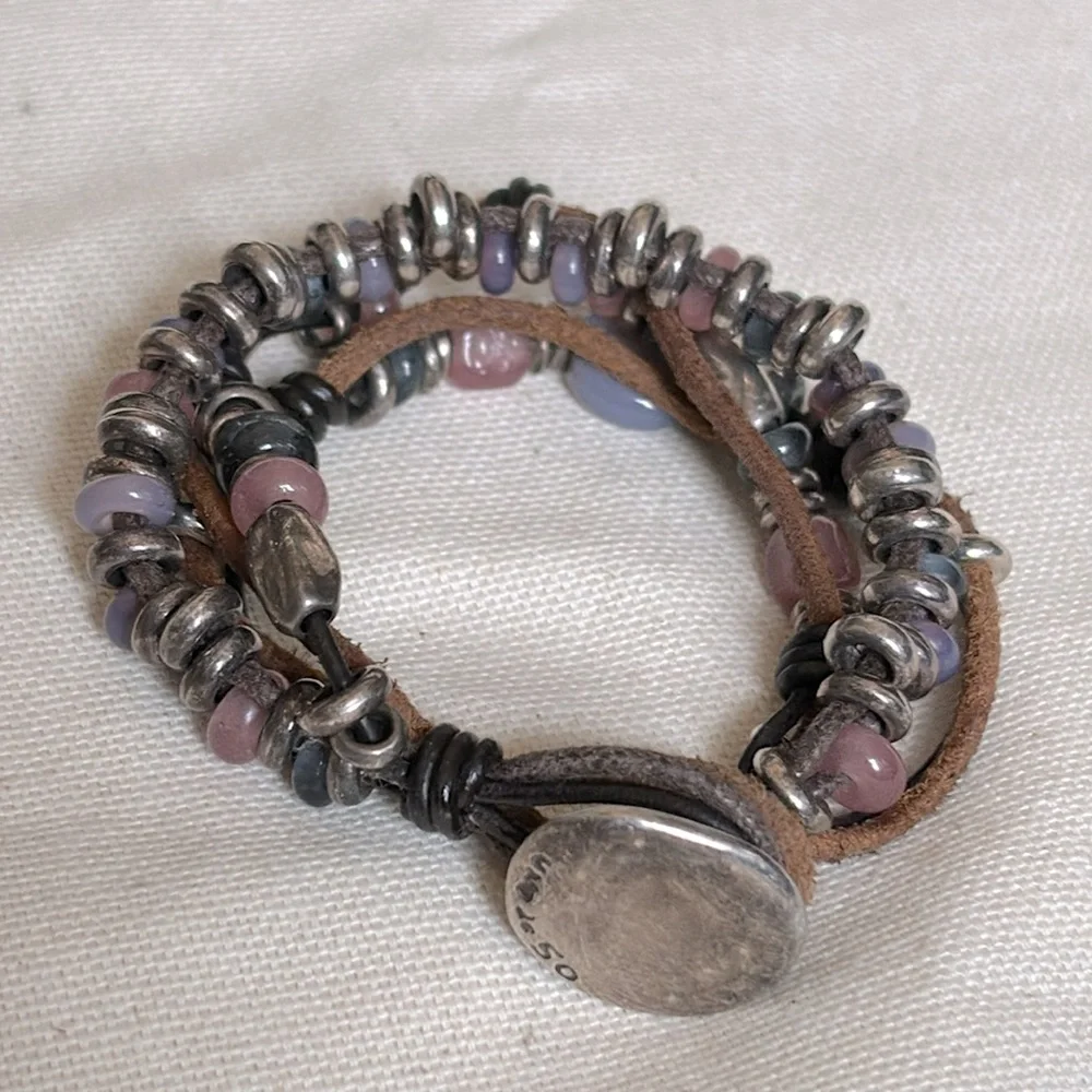 Uno de 50 Silver Leather Heather Pink Lavender Multi-strand Bracelet - Picture 2 of 6
